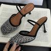 Luxury Rhinestones Mesh High Heels Women Slides Breathable Square Toe Slippers Party Dress Shoe Sandals Women Pumps