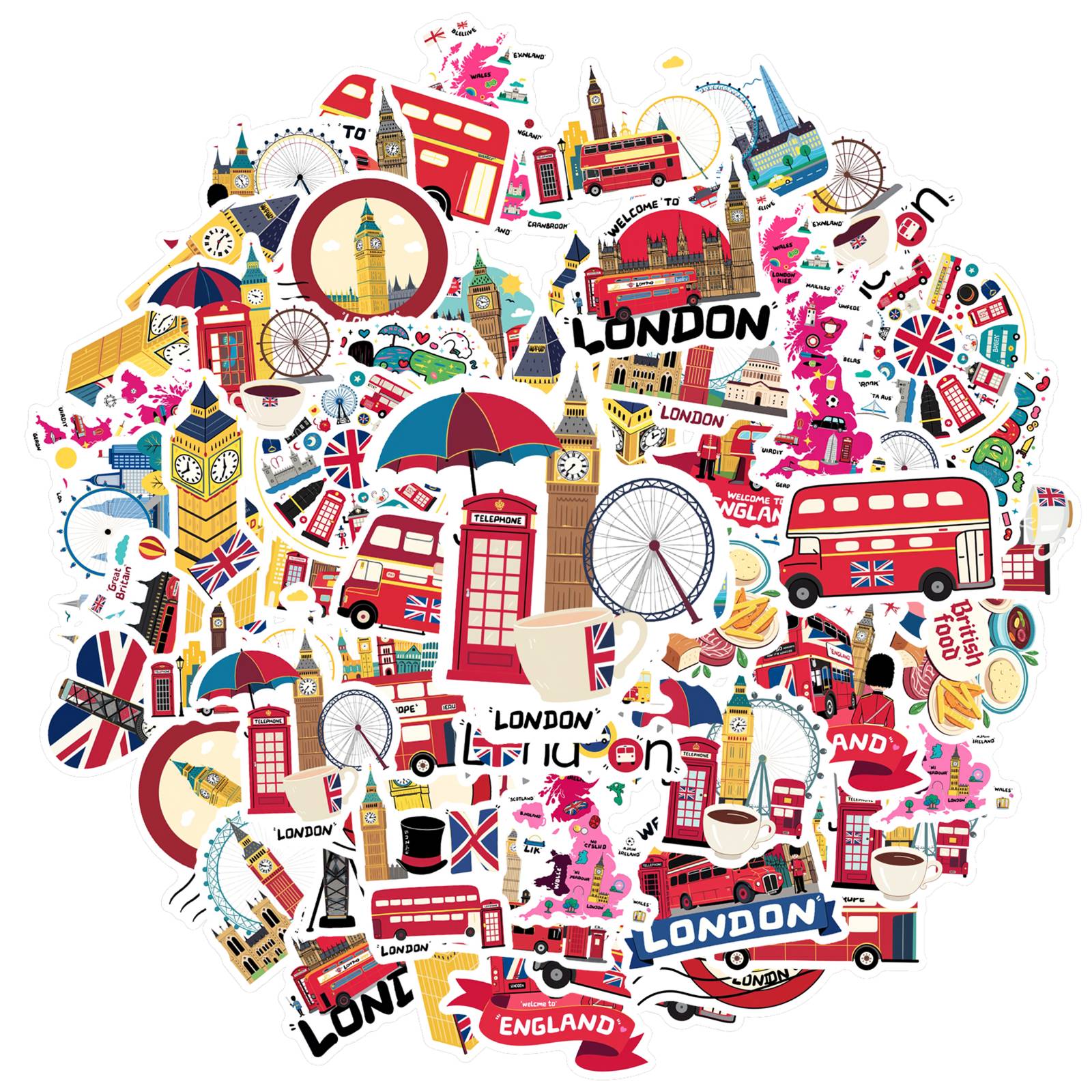 

35pcs-50pcs Iconic Big Ben Stickers Playful Double Decker Bus Teacher Reward Stickers UK Landmarks Decals For Laptop Motorcycle