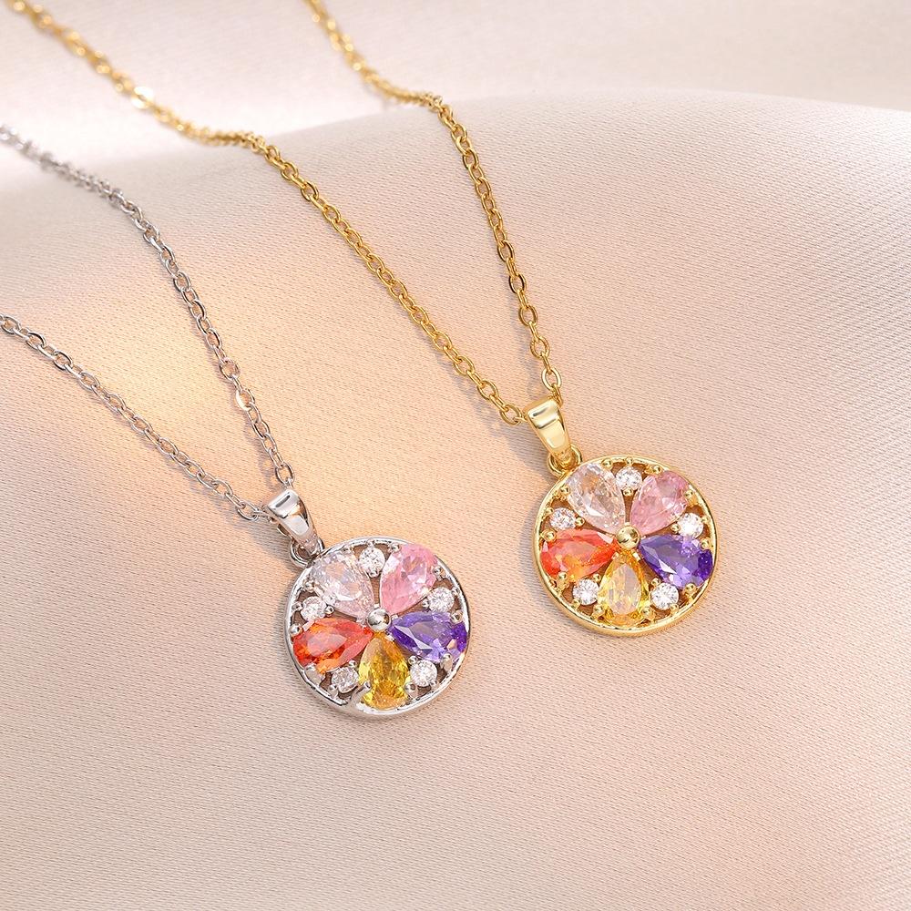 Cute Plant Female White Rainbow Zircon Stone Round Flower Pendant Necklace Gold Silver Color Wedding Jewelry For Women