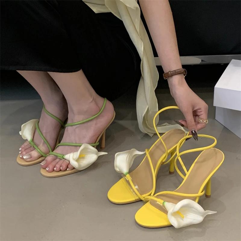 Fashion Eilyken Sexy PVC Transparent Flower Narrow Band Women Sandals Street Style Open Toe Thin High Heels Party Prom Shoes
