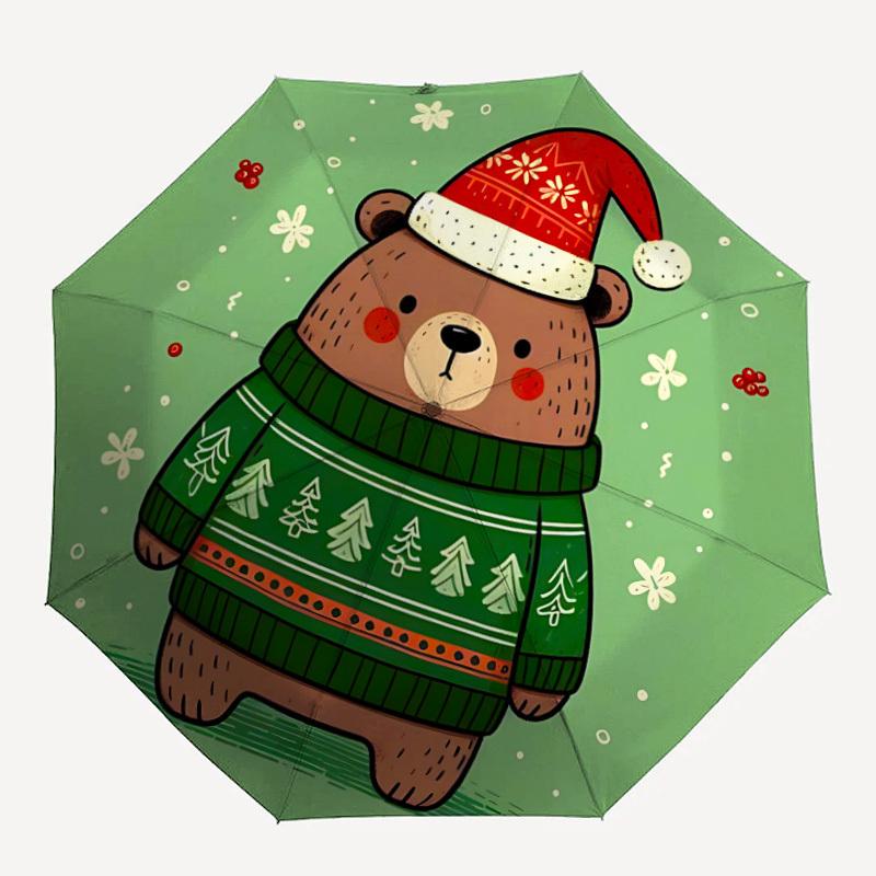 

1pc Winter Festive Bear Automatic Open/Close Umbrella - Compact Travel Umbrella, 8-Rib Heavy-Duty Construction, Ideal Gift, Outdoor Accessor