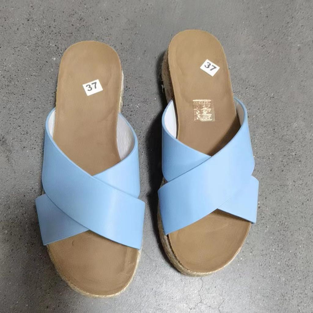 Ladies Summer Casual Shoes Big Size Outside Wear Sandal Slippers Female Retro Hemp Rope Weaving Thick Bottom Leisure One Word Slippers Female