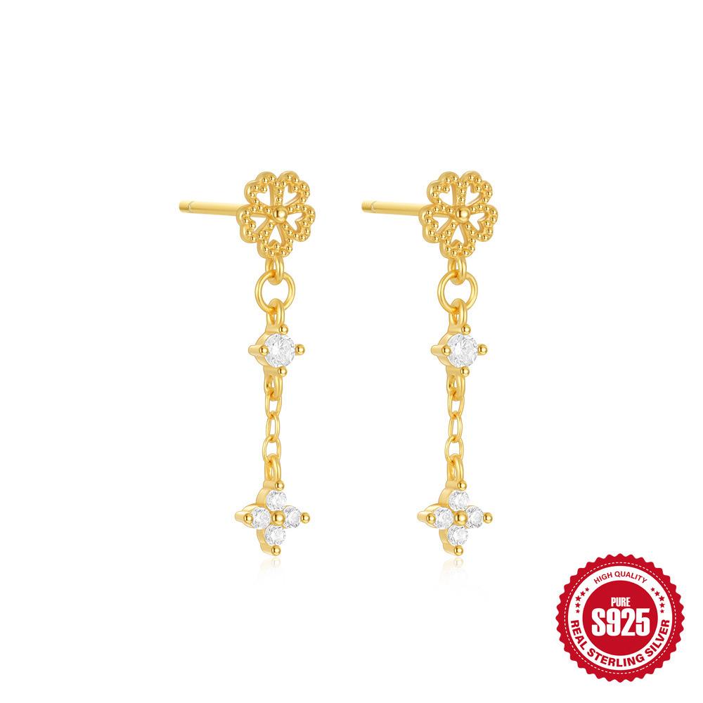 High-End Square Double-Ring Four-Leaf Clover S925 Sterling Silver Earrings, Earrings, Niche Fashion Temperament, Personalized Versatile Earrings.