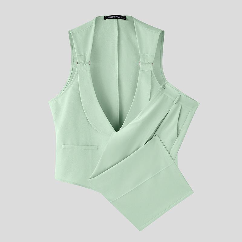 

INCERUN 2PCS Men Outfits Deep V Neck Sleeveless Waistcoat Tops Long Pants Casual Thin Sets L зелёный