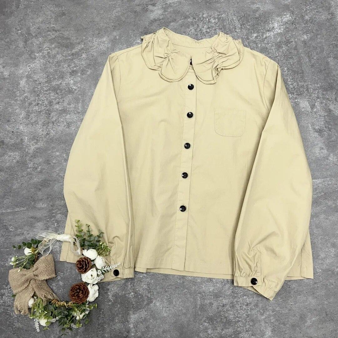 

Johnature весенний кукольный воротник плиссированные волнистые кружевные милые хлопковые рубашки с длинными рукавами повседневные однотонные свободные топы женские One Size хаки