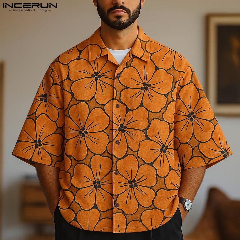 INCERUN Oversized Men Lapel Neck Half Sleeve Floral Print Casual Shirts