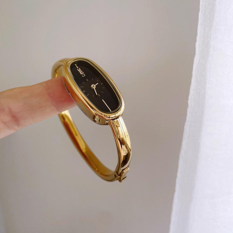 Luxury Ladies' Watch Bracelet-Style Watch Long Oval Shape Elegant Black Gold Women's Stainless Steel Timepiece Gift