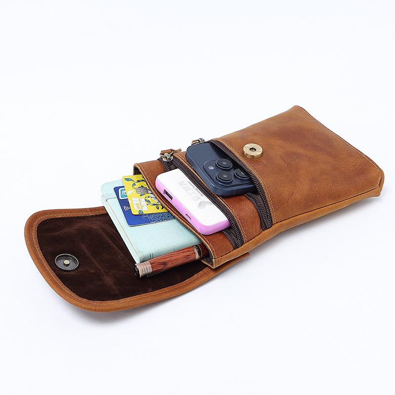 Cowhide Crossbody Bag, Leather Phone Waist Bag, Belt Bag, Portable and Lightweight Top Layer Cowhide Flip Bag