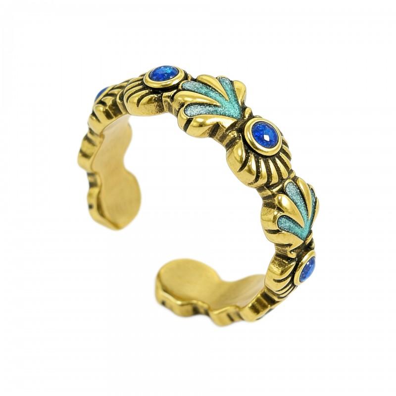 Adjustable Open Ring Women Men Vintage Atlantis Black Gold Tone Copper With Shell Geometric Design