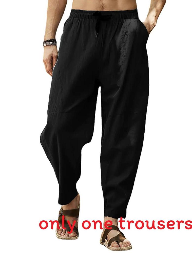 Hip Hop Mens Loose Cotton Linen Drawstring Casual Pants For Urban Style