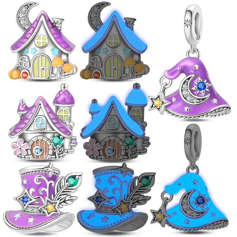 Purple Charms Bead Copper Luminous House Star Moon Pendants Fit Bangle Bracelet Necklace Diy Jewelry