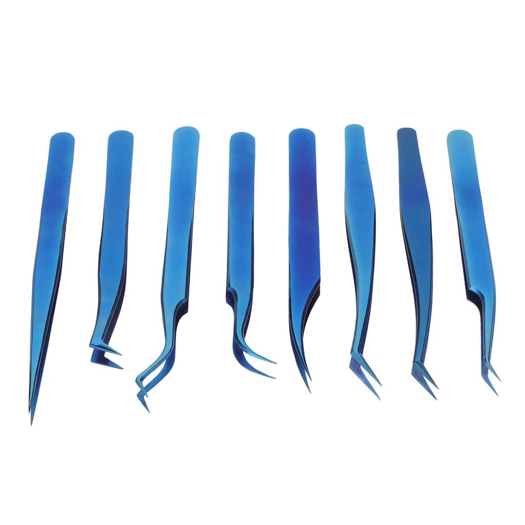 8pcs Eyelash Tweezers Stainless Steel Fine Tip Ergonomic Blue Titanium Eyelash Extension Tweezers