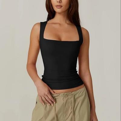 2025 Seaside Vacation Summer New Solid Color Women's Square Neck Sleeveless Double Layer Tank Top Basic Tight T-shirt for Women