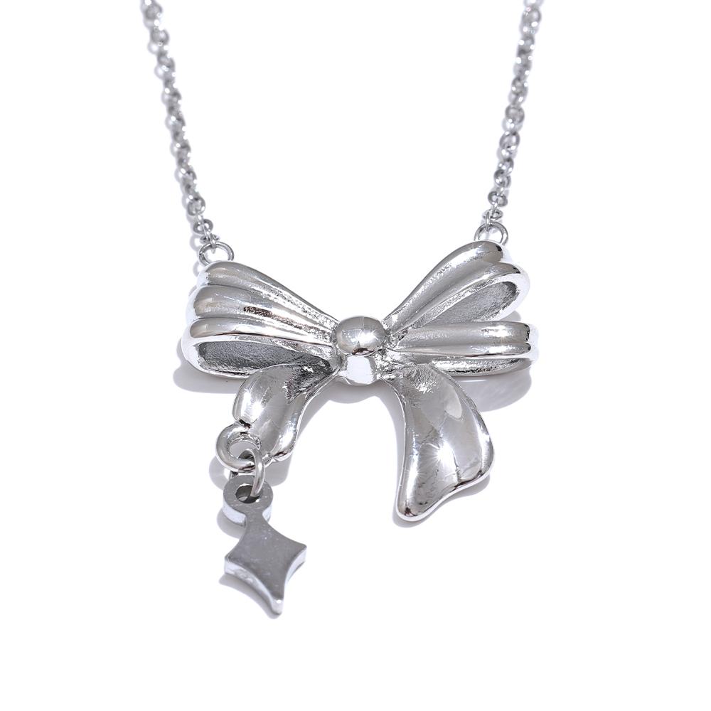 Yhpup Waterproof Stainless Steel Metal Bow knot Bowtie Pendant Necklace Individualistic Stain Less Charm Fashion Jewelry Gift