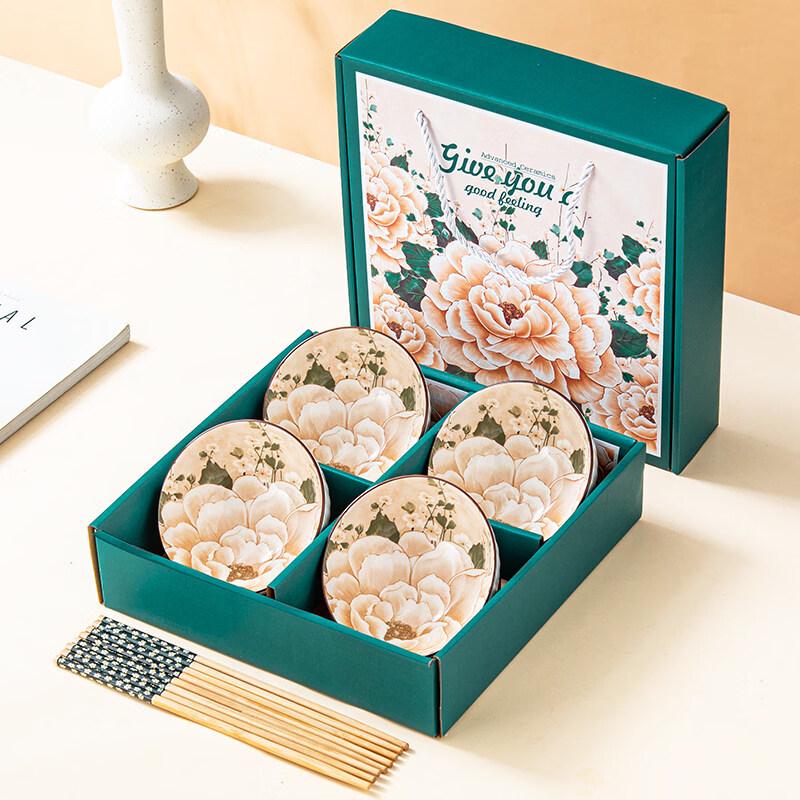 Four Seasons Camellia Ceramic Bowl & Chopstick Set