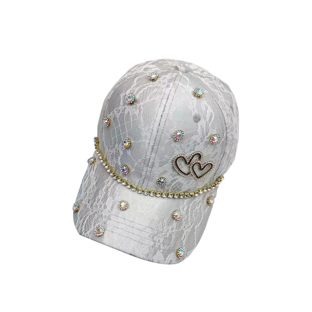 Rhinestone Heart Baseball Cap for Women Girls Fashion Patchwork Lace Low Profile Hat Trendy Adjustable Dad Hats Snapback Hat