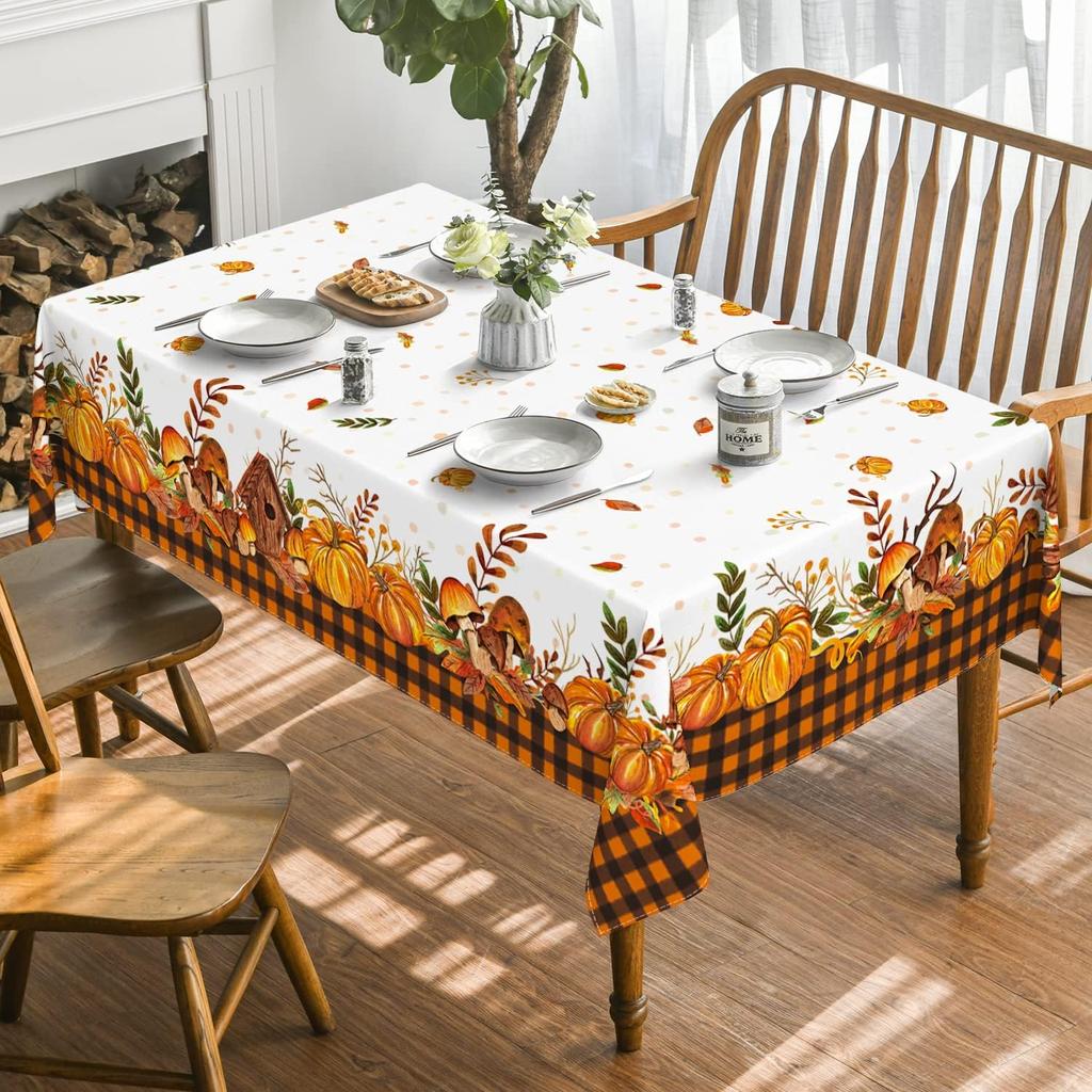 Fall Rectangular Tablecloths Thanksgiving Autumn Harvest Pumpkin Mushroom Orange Buffalo Plaid Tablecover Home Party Table Decor