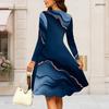 Women Plus Size Round Neck Long Sleeve Dark Teal Navy Gold Printed A Line Flared Dress