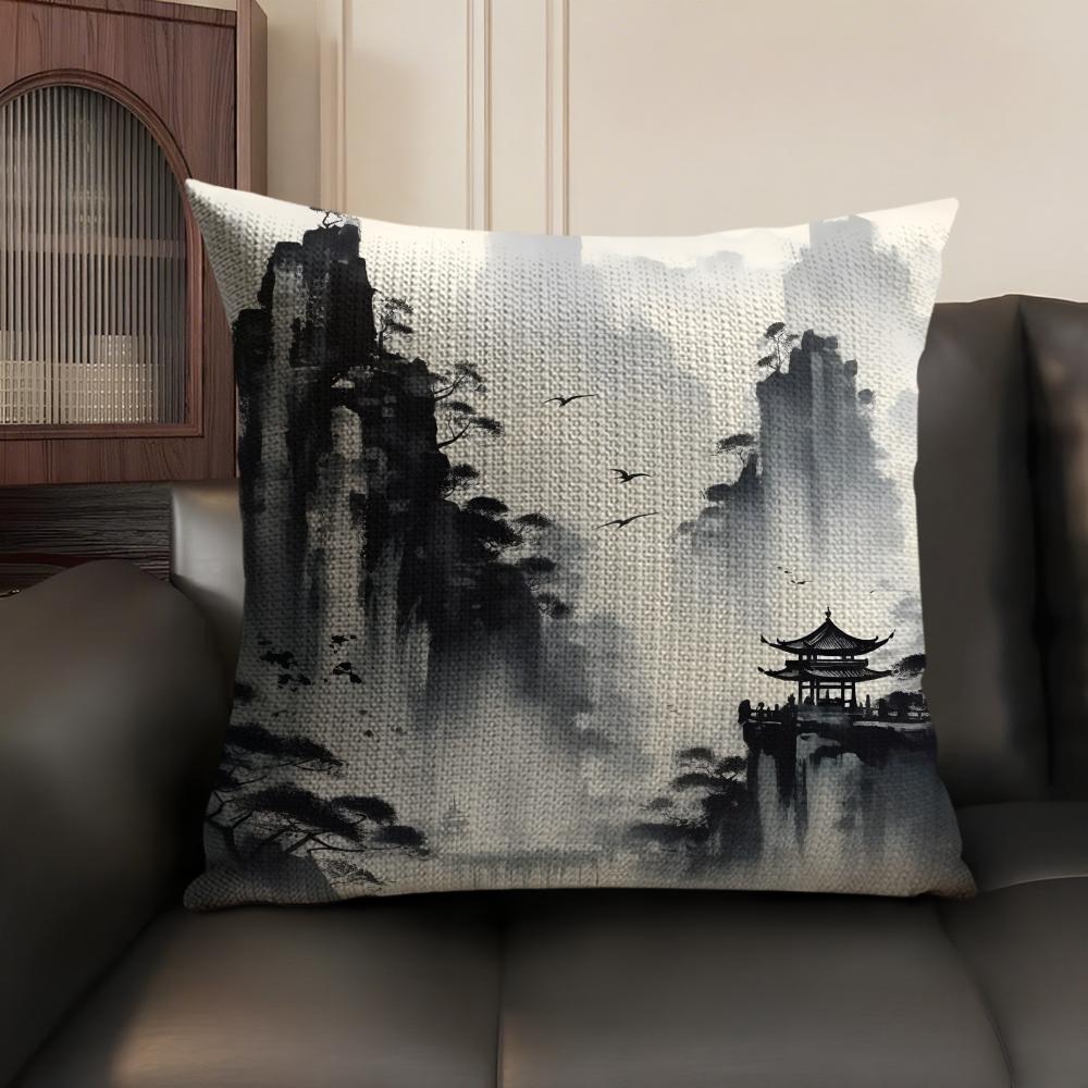 Chinese Ink Painting Style Pillow Case Natural Linen Organic Fabric Double-Sided Printing Sofa Home Decor Gift Cushion Cover