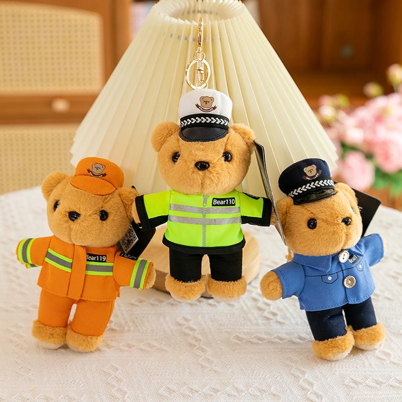 Cartoon Police Bear Plush Pendant Traffic Police Activity Gift Firefighter Bear Keychain Backpack Hanging Decoration