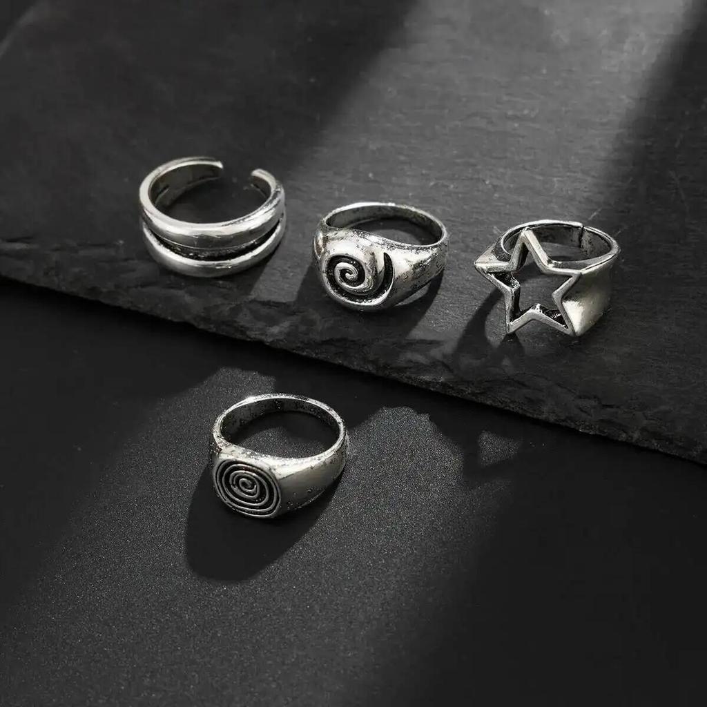 SHIXIN 5 szt./zestaw Vintage Punk Nieregularny Pusty Gwiazda Spirala Metalowy Otwarty Pierścionek Kobiety Goth Regulowany Pierścionek dla Pary Srebrny Kolor Biżuteria
