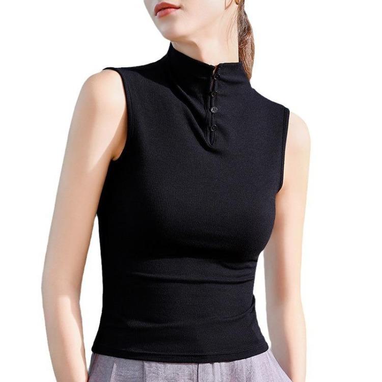 Women Slim Fitting Black Sleeveless Semi Turtleneck Top Thin Bottoming Shirt New Early Autumn Tshirt