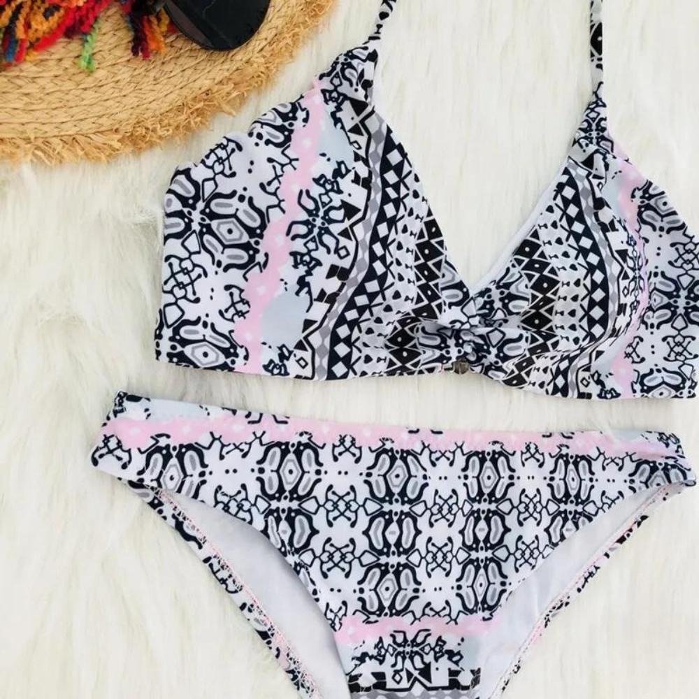Dwuczęściowy strój kąpielowy bikini z wzorem azteckim, wiązany komplet M Dwuczęściowy strój kąpielowy bikini z wzorem azteckim, wiązany komplet M