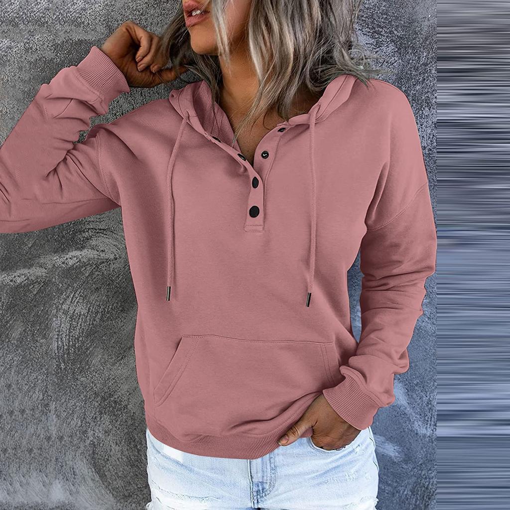 Damen Pullover Hoodies Tops Lässige Button-Down-Sweatshirts mit langen Ärmeln und Taschen