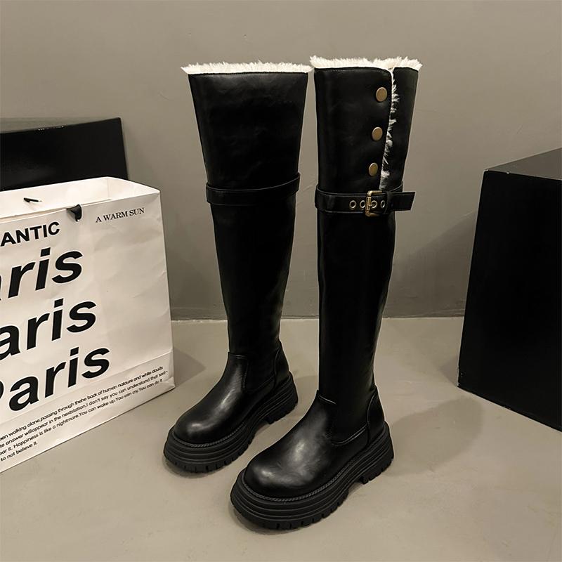 

Platform Women s Long Boots Flats Short Plush Knee High Shoes Winter Fashion Motorcycle Boots New Trend Snow Mujer De Botas 40