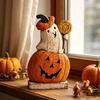 Vintage Halloween Party Favors Pumpkin Ghost Wooden Figurine, Tabletop Decor, Jack O Lantern Solid Wood Festive Centerpieces Statue with Stable Base,