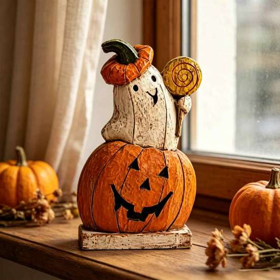 Vintage Halloween Party Favors Pumpkin Ghost Wooden Figurine, Tabletop Decor, Jack O Lantern Solid Wood Festive Centerpieces Statue with Stable Base,