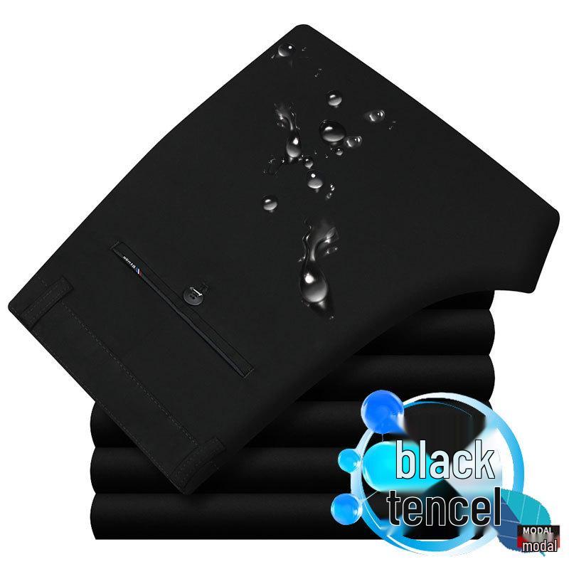 Men's Black Elastic Straight-Leg Summer Business Casual Pants