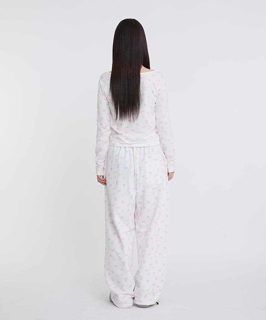 ESCAPEFROM Pink Ribbon Full Print Sweatpants Ivory