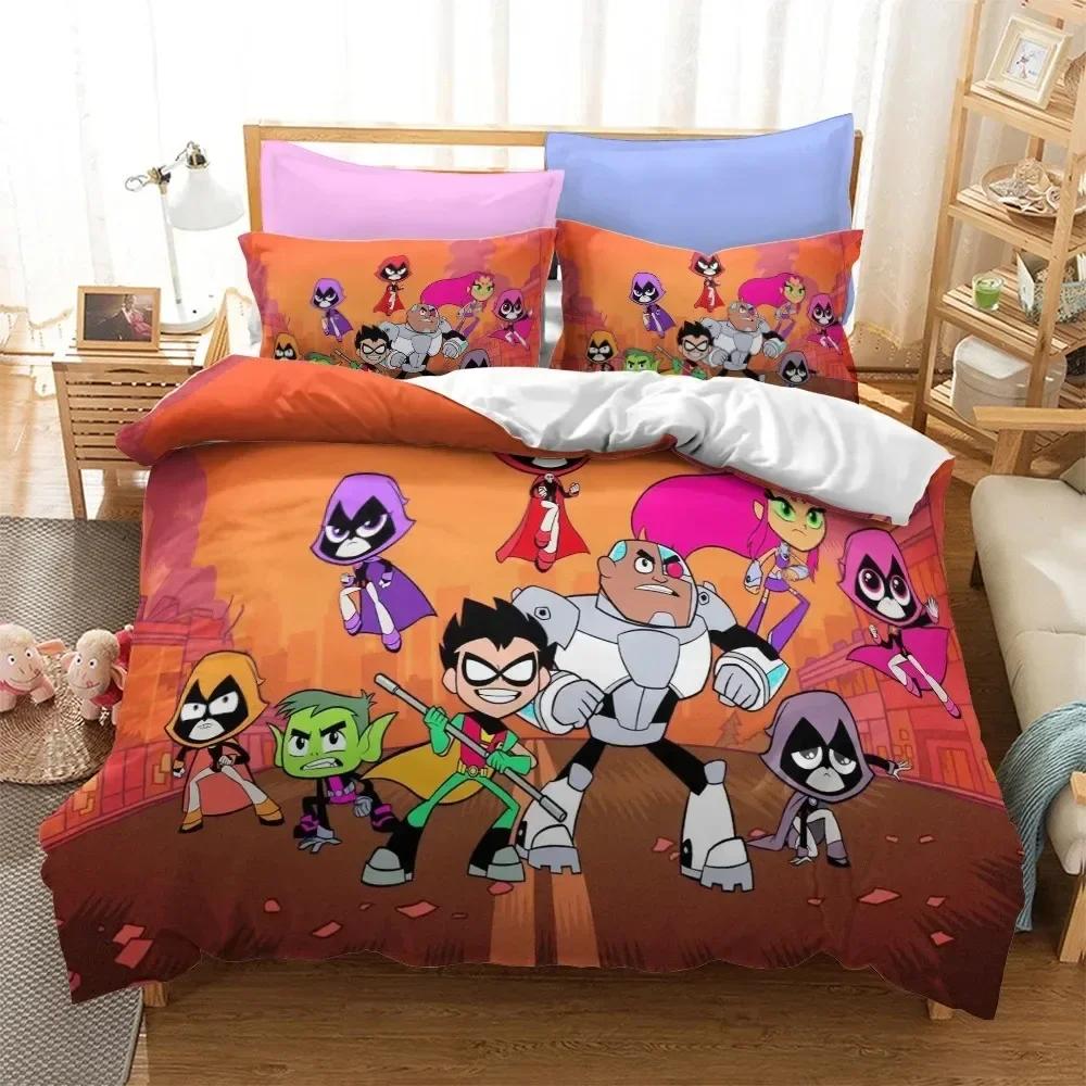 Cartoon Teen Titans Go Printed Bed Set Duvet Cover Pillowcase Bedding Set Linen Sheet Quilt Cover Full Queen Size Home Textile