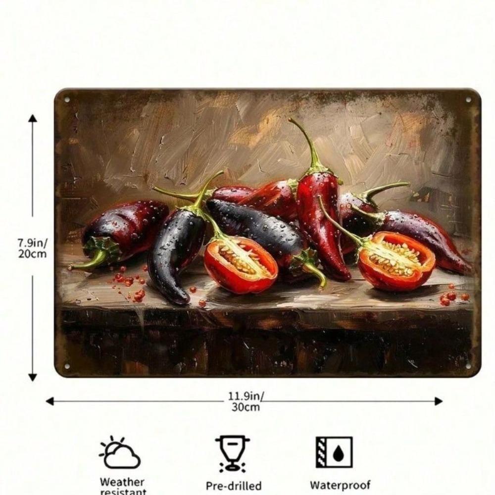 Vintage Metal Tin Sign, Kitchen Decor, Pepper Still Life, Country Style Wall Art for Home & Cafe