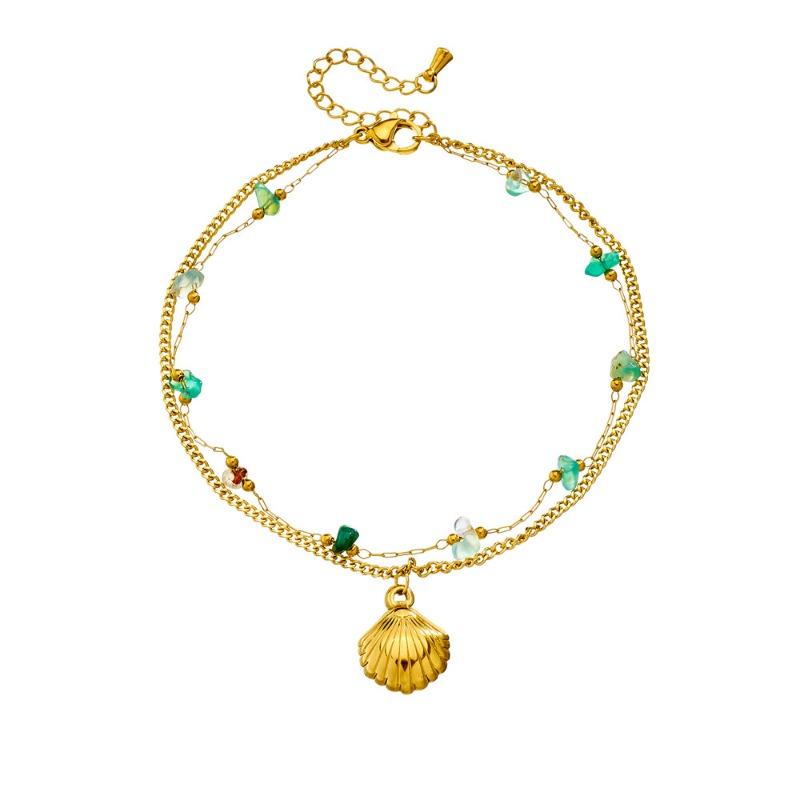 Gold Plated Layered Shell Anklet, Dainty Green Stone Beaded Foot Bracelet with Seashell Charm, Boho Beach Jewelry for Women Gift