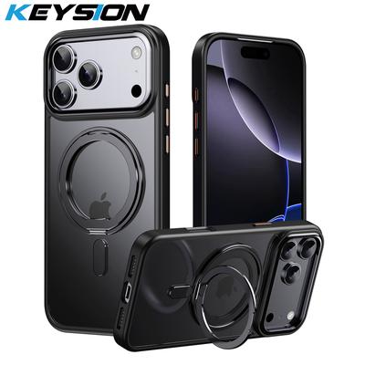 KEYSION Shockproof Transparent Matte Case for MagSafe for iPhone 17 Pro Max 360° Magnetic Ring Stand Wireless Charging Phone Back Cover