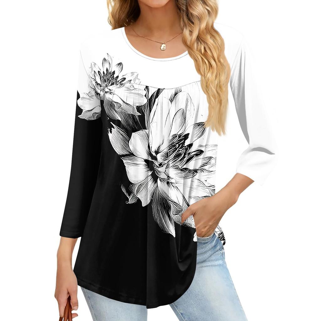 Women's Fashion Casual Three-quarter Sleeve Printed Round Neck Top