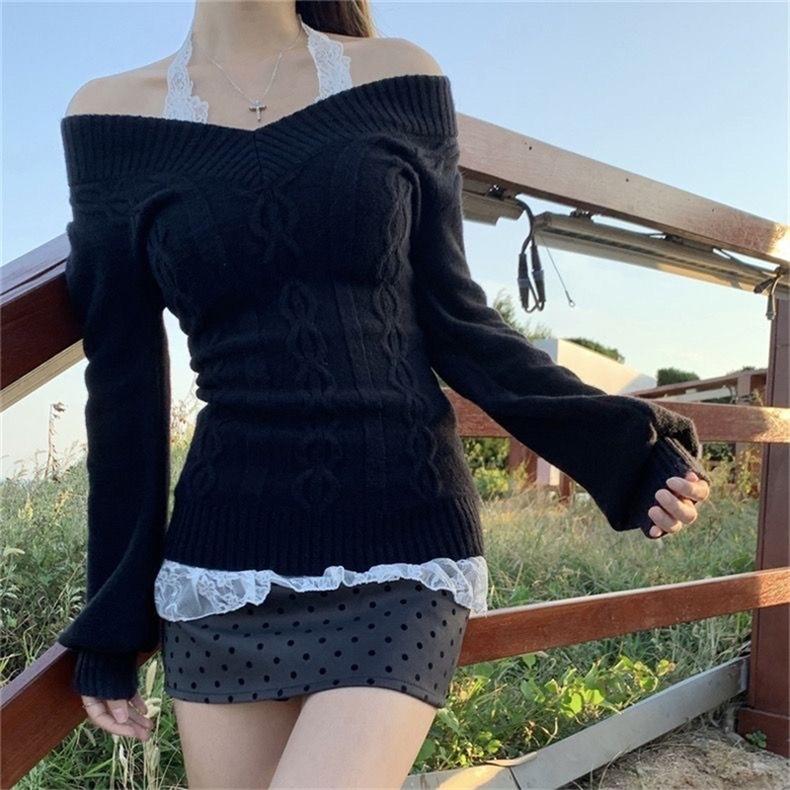 Y2K Fashion Vintage V-neck Rib Knitted Tops Women Early Autumn Sweaters Pullover Slim Long Sleeve Pullovers Sexy Sweaters Tees