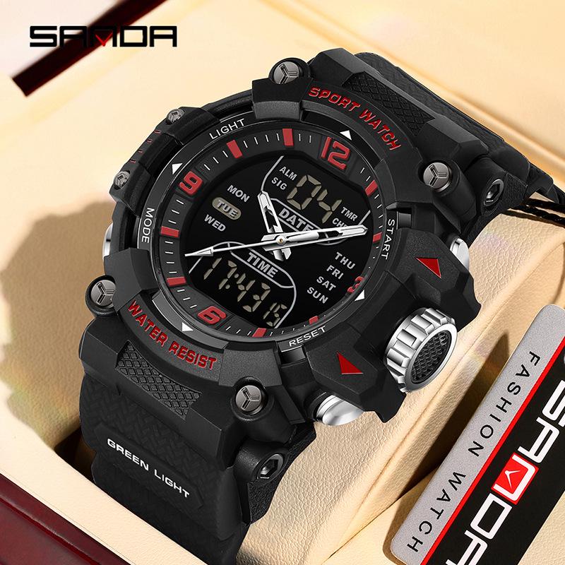 Sanda Dual-Movement Sports Watch with Countdown, Alarm, Night Light, Waterproof, and Multi-Function Features for Students.