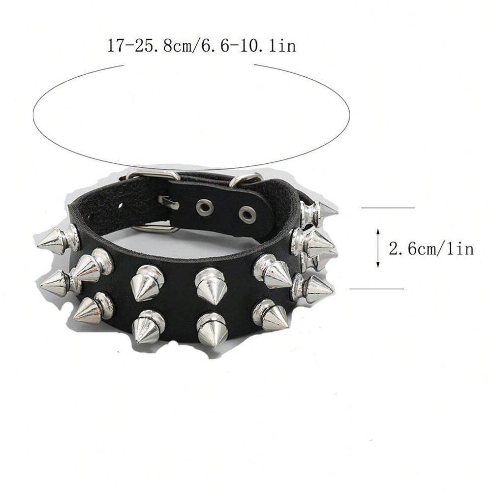 Pu Leather Studded Bracelet Punk Spike Rivets Cuff Metal Black Wristband Adjustable Cuff Bangle