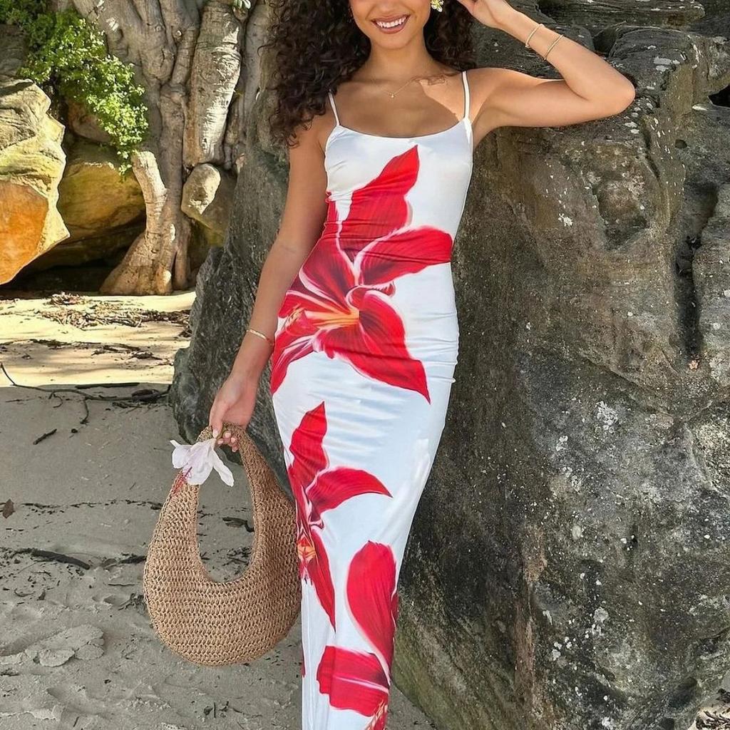 Spring Summer Fashion Women's White Background Red Flower Dress for European American Crossborder