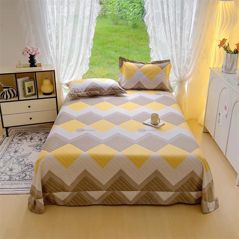 3Pcs Simple Geometric Plaid Bed Sheet Set 100% Cotton Skin-friendly Queen Size Bedding Set Thickened Flat Sheet with Pillowcases