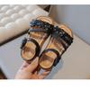 New Summer Woven Girls Sandals, Floral Princess Shoes, Soft Sole Beach Sandals for School-age Girls