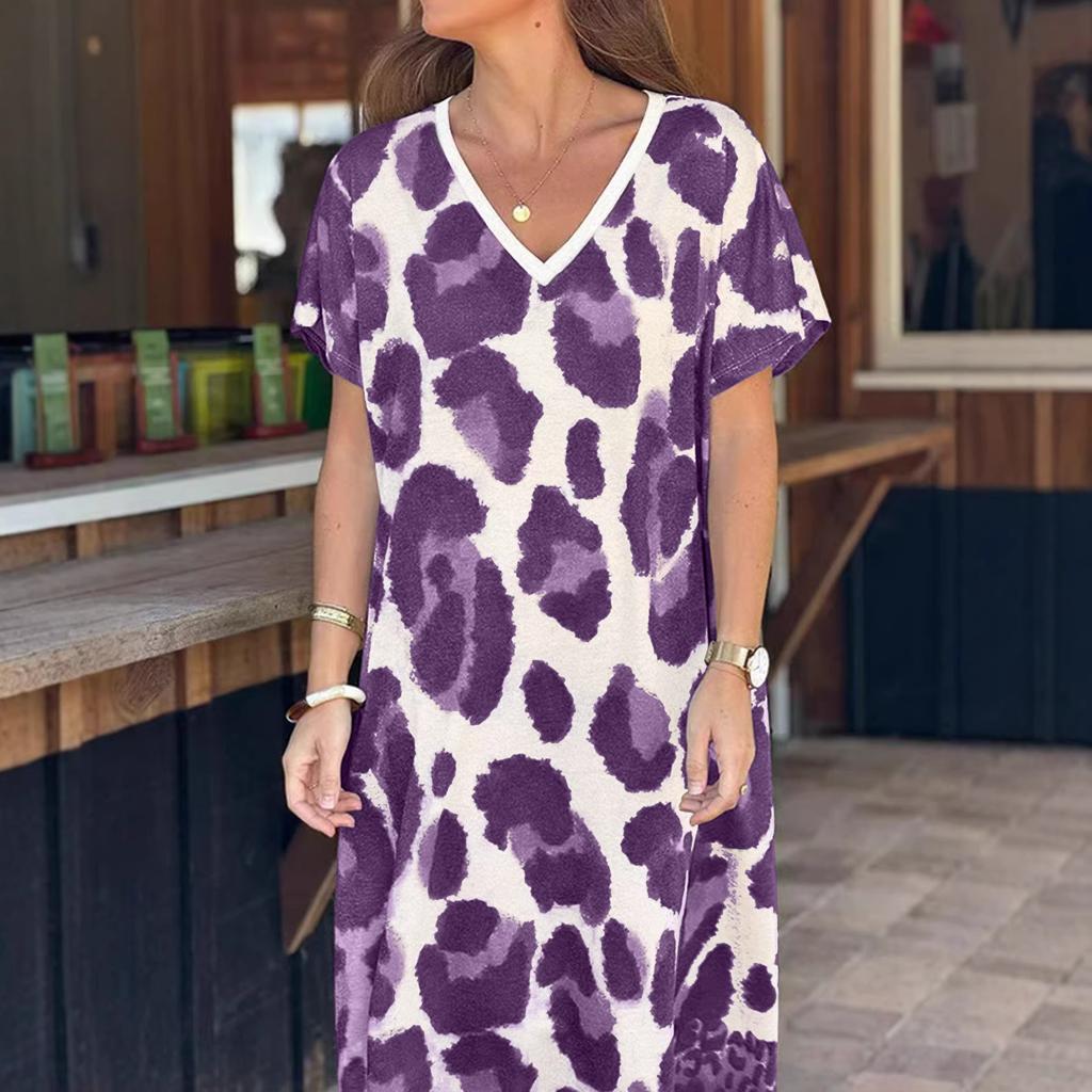 Dámské maxi šaty s véčkovým výstřihem a krátkým rukávem Volný střih Elastický pas Elegantní šaty s leopardím potiskem A-line pro jarní cestování na pláž