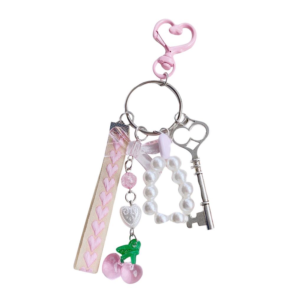 Handcrafted Pearls Beaded Keychain Cherry and Bowtie Charm Keyring Pendant Handmade Bag Decoration Women Accessory