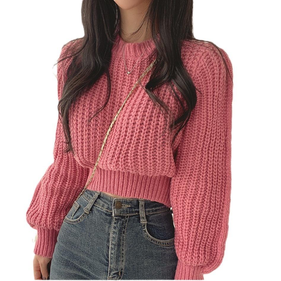 Autumn and winter fashion sweet wind loose pullover knitted top pink bubble sleeve soft waxy sweater women