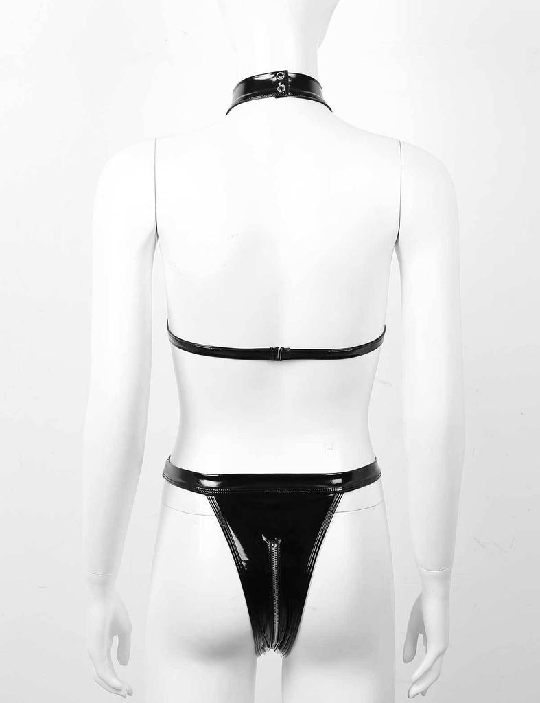 European & American Sexy Patent Leather Mesh Three-Point Bodysuit Lingerie Set