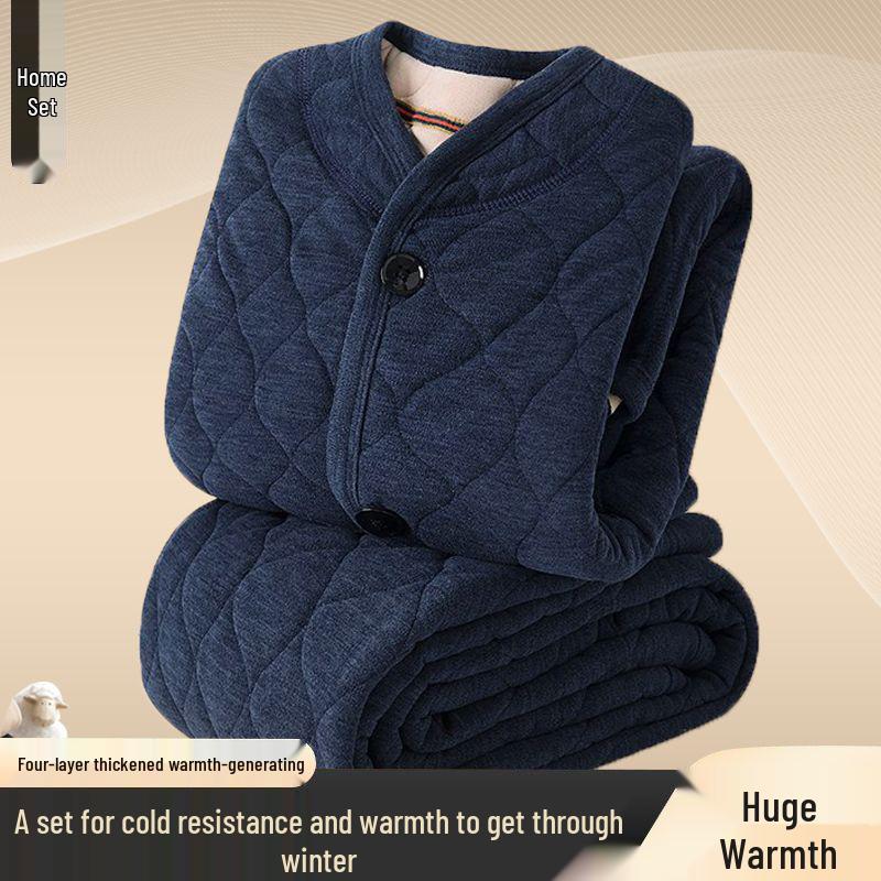 Men's Winter Plush Jacket & Pants Set - Thickened Cotton Outerwear for Middle-aged & Elderly Warmth