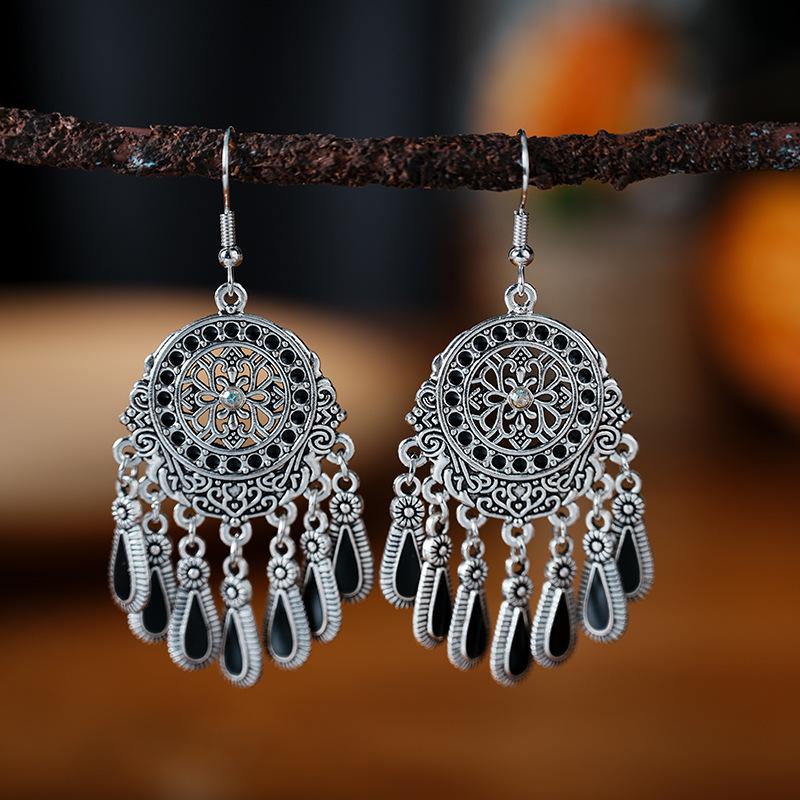 

Vintage Bohemain Long Dangle Drop Earrings For Women Hollow Gemetric Enamel Waterdrop Tassel Boho Anitque Copper Color Zircon чорний
